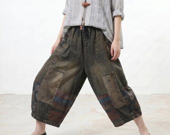 Patchwork-denimculottes, slitna, tvättade byxor med vida ben, överdimensionerade, resårmidjade, avslappnade bohemiska denimbyxor
