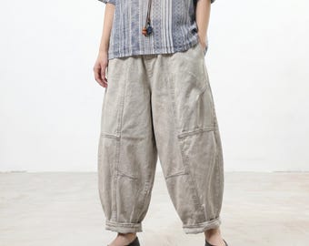 Oversize Cotton Cocoon Fit Lounge Pants, Oversized Vintage Wash Cropped Trousers