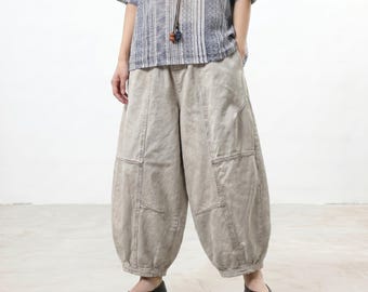 Pantaloni da casa oversize in cotone a forma di bozzolo, pantaloni cropped oversize con lavaggio vintage.
