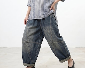 Pantalones culotte de mezclilla con retazos, pantalones anchos con efecto desgastado, jeans cropped de cintura elástica extragrande