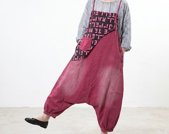 Pantalones harem de bloques de color, pantalones holgados de tiro bajo, mono de pierna ancha de corte suelto, pantalones casuales cómodos con patchwork artístico