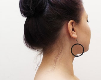 black leather earring / artistically braided leather ear hoop, silky matte Finish, open ear hook, handmade with love