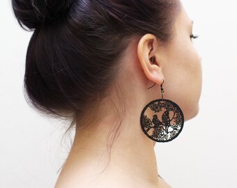 big metal earrings, laser cut birds, delicate light creole's, black earrings,