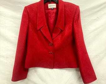 Albert Nipon Red Wool Blend Jacquard Cropped Blazer Jacket Womens Size 12 Vtg