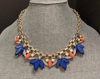 GV9 Blue Orange White Lucite and Rhinestone Bib Vintage Necklace