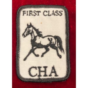May include: A rectangular patch with a white background, black border, and black text and image. The text reads "FIRST CLASS" at the top and "CHA" at the bottom. A black silhouette of a horse is in the center.