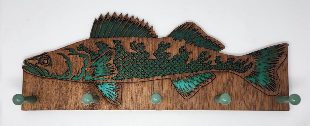 Fish Hat Rack Custom Made Walleye Fish Laser Cut Wooden 5 Peg Hat Rack. Multi-layered ...