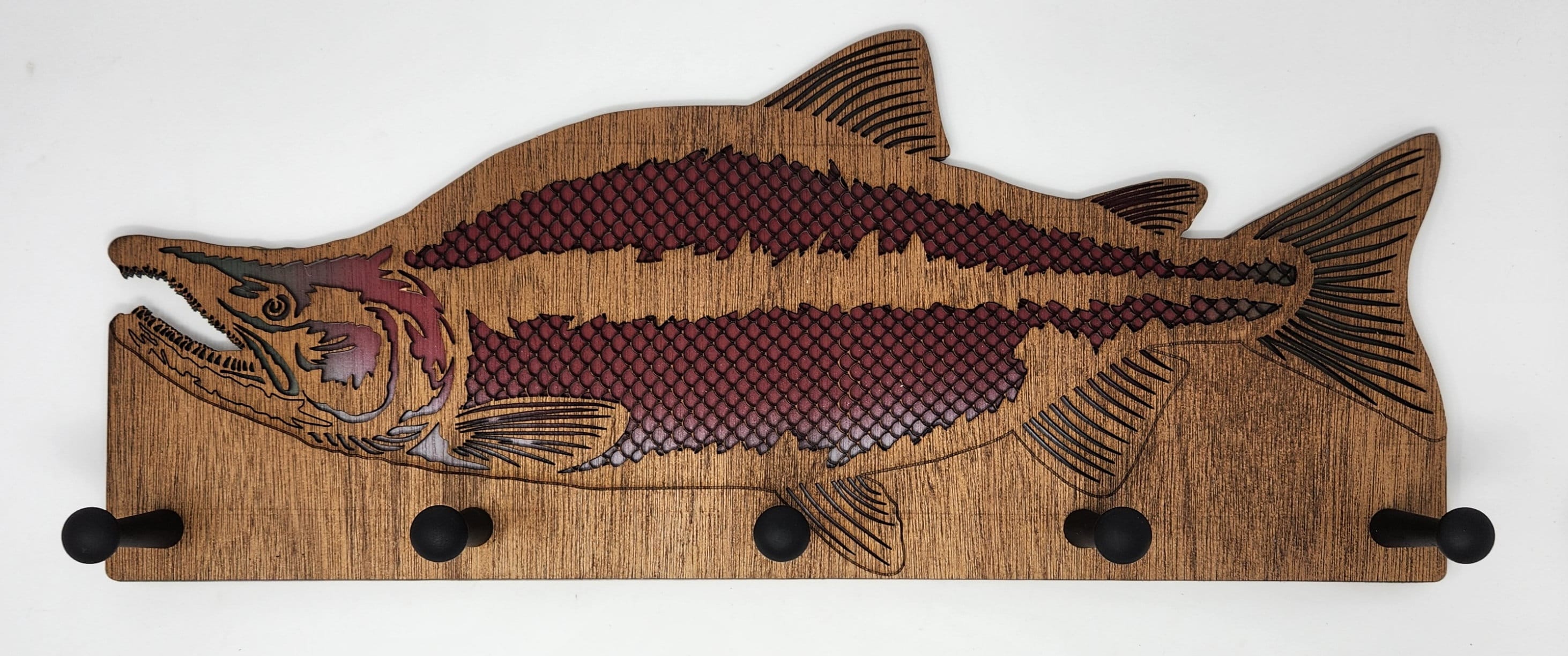 Custom Sockeye Salmon Laser cut Wooden 5 peg Hat Rack. Multi-layered painted hat rack.