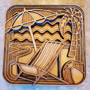 Beach Scene  - Wood Multi-layered Design, 3D Layered Art, Wall and Home Decor, Laser Cut Wall Art