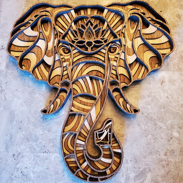 Elephant with Lotus Flower - Wood Multi-layered Design, 3D Layered Art, Wall and Home Décor, Laser Cut Wall Art