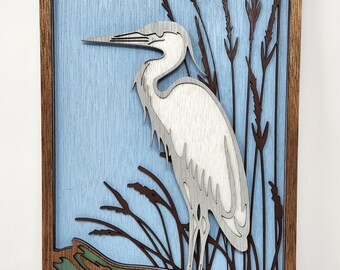 Heron in the marsh, 3d laser cut art, wood Multi-layered, 3D Layered Art, Wall and Home Décor, Laser Cut Wall Art