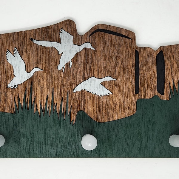 Duck Call Hunter Laser cut Wooden 5 peg Hat Rack. Multi-layered painted hat rack.