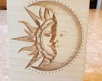 Sun and Moon art wooden Postcard, Insects, Welcome,  Laser etched , Wooden, Gift, Post Card