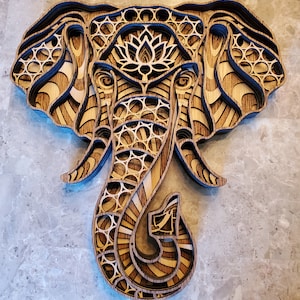 Elephant with Lotus Flower  - Wood Multi-layered Design, 3D Layered Art, Wall and Home Décor, Laser Cut Wall Art