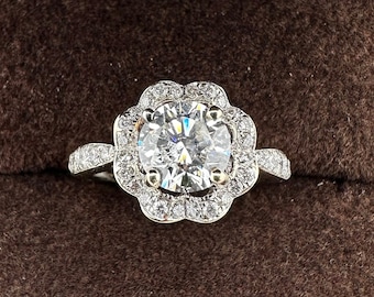 Approximate 1.62 CT 14K Solid White Gold Scalloped Halo Diamond Engagement Ring, Unique Wedding Ring, Vintage Engagement Ring Size 6 1/2 US