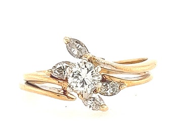 A Set of Two Rings, 14K Yellow Gold Approximate 0.70 Carat Diamond Engagement, Wedding Ring Set, Diamond Stacking Ring Set Size 6 US