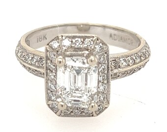 18K White gold 1.5 Carat Emerald Cut Diamond Halo Engagement Ring