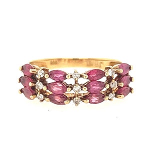 Vintage 14K Yellow Gold Marquise Ruby Ring with Diamonds, Size 5.25