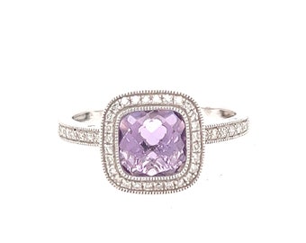 14K White Gold Amethyst and Diamond Ring Size 6 1/4 US