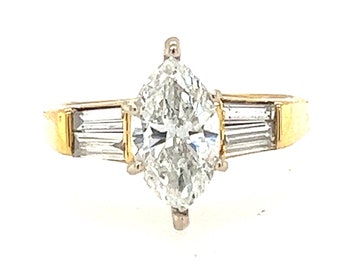 14K Solid Yellow Gold Marquise and Baguette Diamond Engagement Ring Size 5 1/2 US
