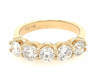 14K Yellow Gold Five Stone "1.57 Carat" Diamond Wedding Band, Engagement Ring, Stackable Ring Size 6 US