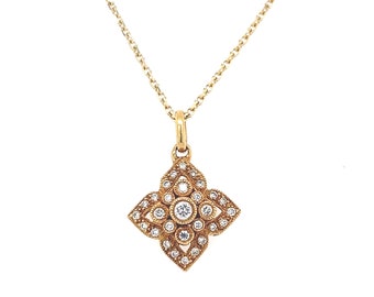 14K Yellow Gold Diamond Square Flower Shaped Pendant Necklace, Minimalist Necklace, Layered Necklace Length 16"