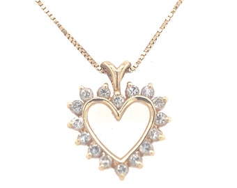 14K Yellow Gold Open Heart Diamond Pendant Necklace, Everyday Necklace, Layering Necklace Length 18"