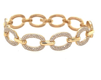 14K Yellow Gold Oval Link Diamond Bracelet - 6.5"