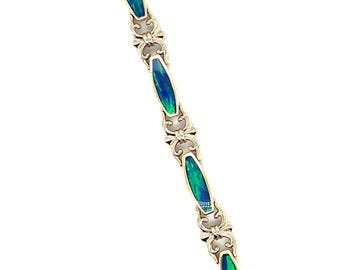 14K Yellow Gold Created Opal Bracelet: Vintage Style Jewelry