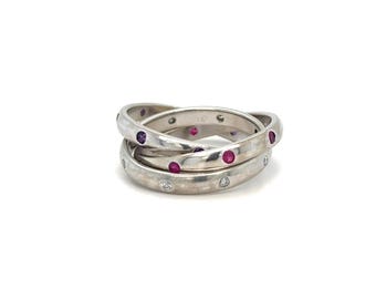 14K White Gold Interlocking Ring: Ruby, Amethyst & Diamond - Size 5.75