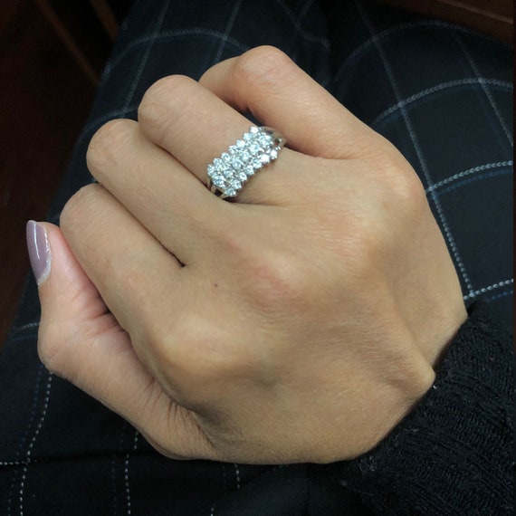 14K White Gold Diamond Cluster Ring, 3 Row Diamon… - image 6