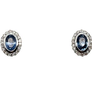 14K White gold Diamond halo stud earrings with .31CT Diamond and 1.15CT oval Sapphire