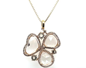 18K Yellow Gold Clear Quartz Clover Necklace – 0.50 CT Diamond Accent – Dainty Fine Jewelry