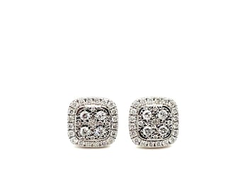 14K White Gold Cushion Cluster Diamond Stud Earrings