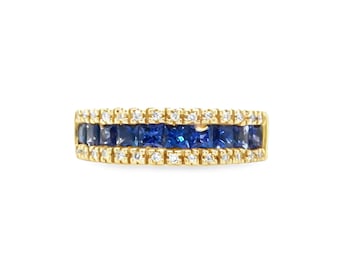 14K Yellow Gold Princess Cut Blue Sapphire & Diamond Ring: September Birthstone