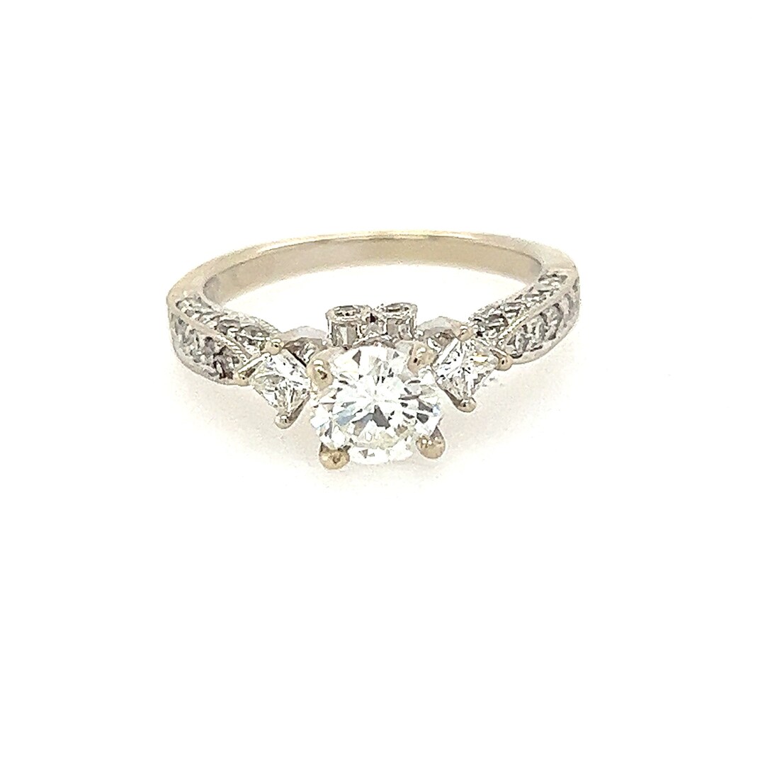 5/8 Ct Diamond Engagement Ring – 14K White Gold Antique Style Ring | 1/2 Ct Center Stone With Accent Diamonds