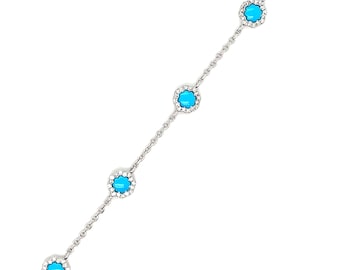 14K White Gold Diamond Turquoise Link Bracelet - 8 Inch
