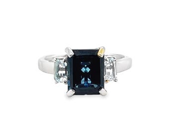 14K White Gold Emerald-Cut London Blue Topaz Ring with Aquamarine Accents