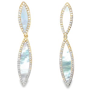Elegant 14K Yellow Gold Diamond & Mother of Pearl Drop Earrings - Diamond Shape, 41mm Length