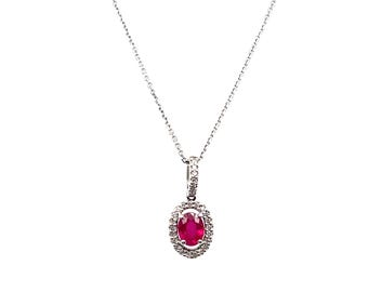 14K White Gold Ruby Diamond Pendant Necklace - 16" Chain