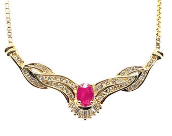 14K Yellow Gold Ruby and Diamond Pendant Necklace