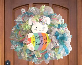 Happy Easter Wreath,  Funky Whimsical Easter Wreath,  Bunny Décor Wreath, Spring Door Hanger, Easter Décor Wreath