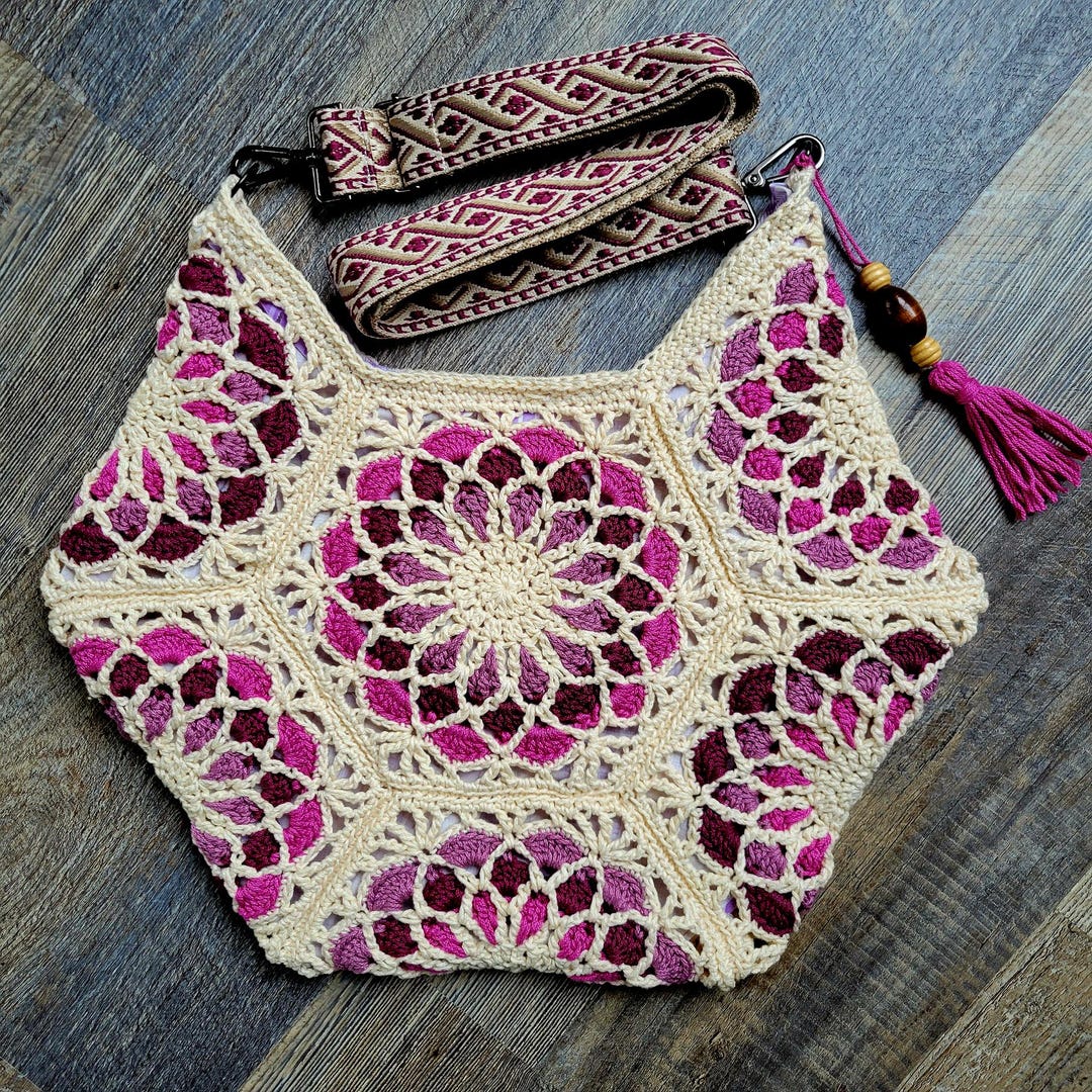 Purple and burgundy large tote bag with inside pocket.