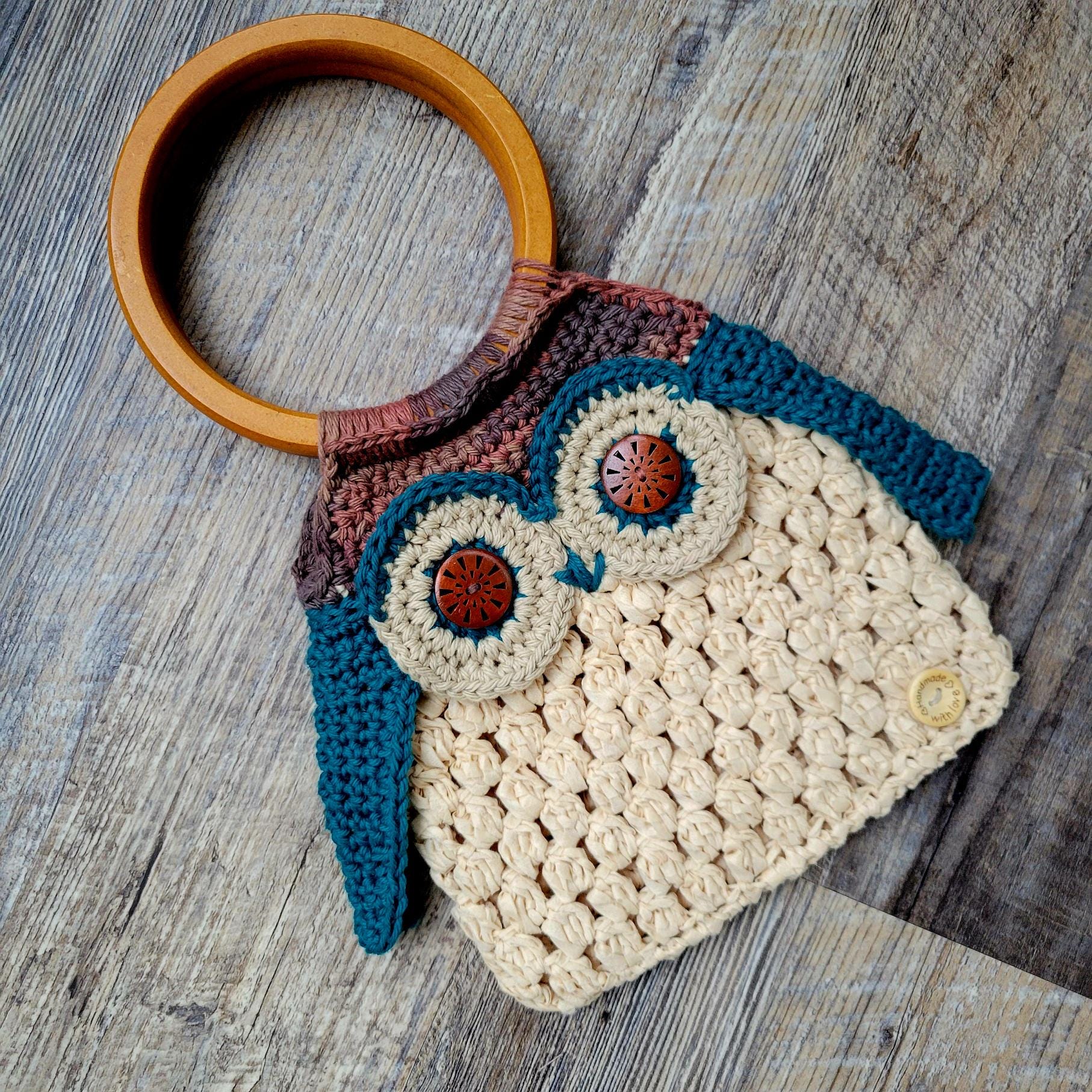 Owl crocheted purse handbag with wood handle