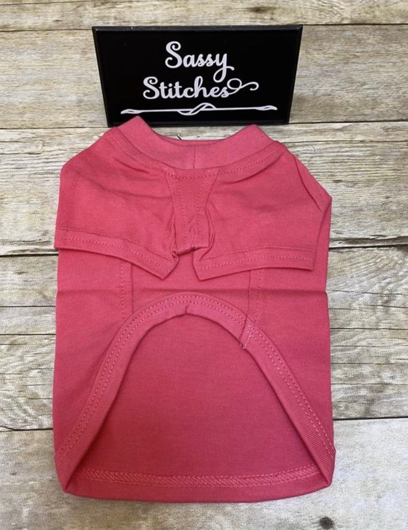 May include: A plain pink dog t-shirt with a crew neck and a  "Sassy Stitches" logo on the tag.