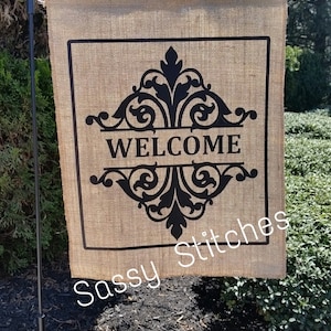 welcome flags, burpal flags, burlap garden flags, burlap yard flags, welcome burlap flags, mothers day gifts, home decor, gifts for her