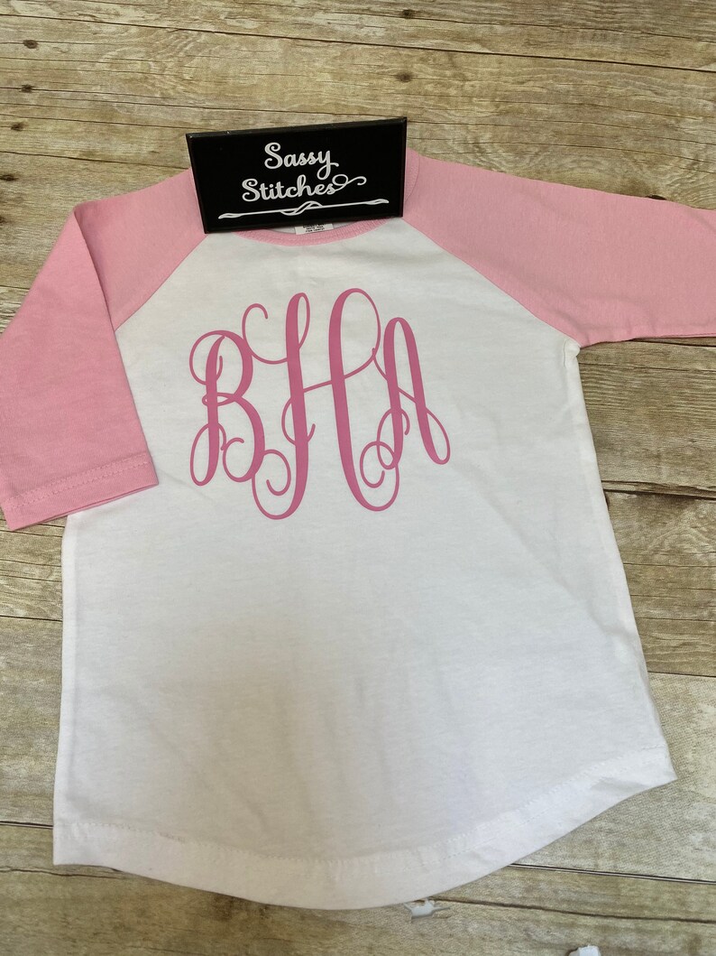 Girls monogrammed shirt, baseball sleeve tee, large monogram tee, toddler monogram shirt, toddler baseball tee, personalized girls shirt image 9