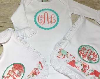 Baby gown, burp cloth, baby bib, babyset, baby gift set, baby girl, baby girl gown, baby set, baby shower gift