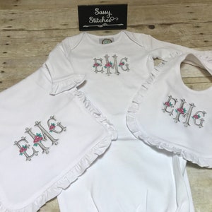 Baby gift set, baby gown, baby bib, burp cloth, monogrammed baby gift set, personalized baby gown, baby shower gift, baby clothing