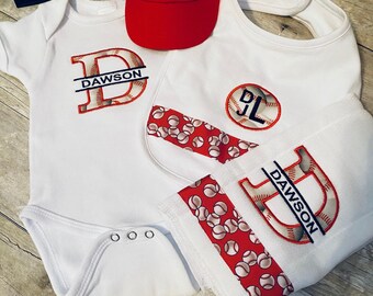 Baby set, baby baseball gift set, baby baseball bodysuit, baseball bib, baseball burp cloth, infant baseball hat, baby boy, newborn gift